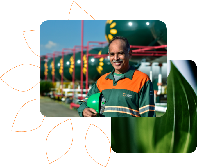 Homem sorrindo, vestindo uniforme da Copa Energia, segurando um capacete no braço com tanques verdes de gás ao fundo. Ao lado, uma imagem da textura de uma folha
