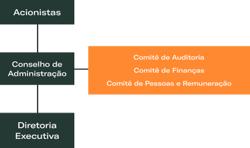 O organograma ilustra uma estrutura de governança corporativa composta por acionistas, Conselho de Administração (com apoio de comitê de auditoria, comitê de finanças e comitê de pessoas e remuneração) e, por fim, Diretoria Executiva.