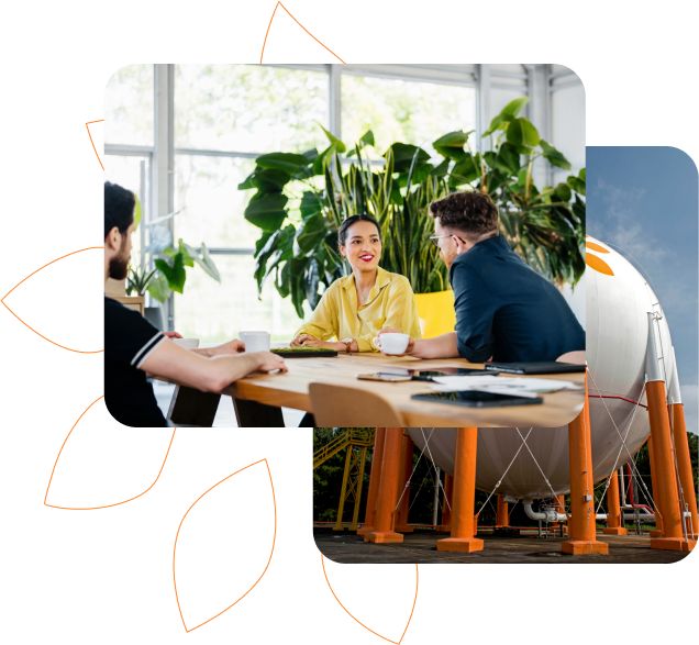 Três pessoas conversando em uma mesa com plantas ao fundo. Ao lado, uma imagem de um tanque esférico de gás com logotipo da Copa Energia
