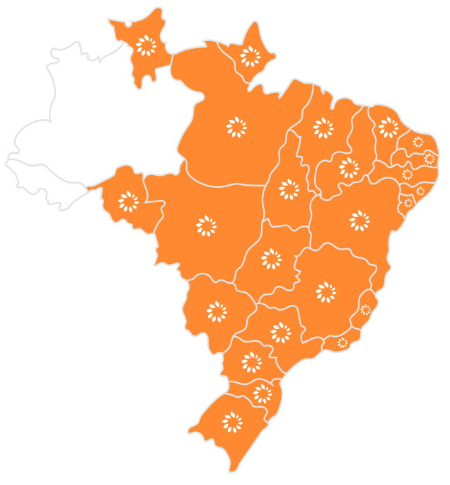 Mapa do Brasil, destacando com o logotipo os estados com atuação da Copa Energia. No mapa, estão destacados todos os estados, com exceção do Amazonas e Acre